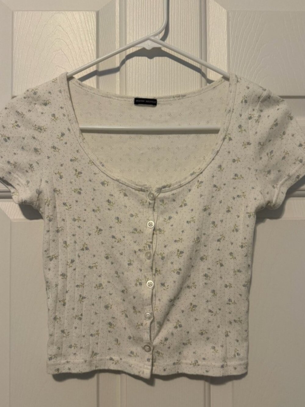White Cropped Scoop Button Top with Floral Print